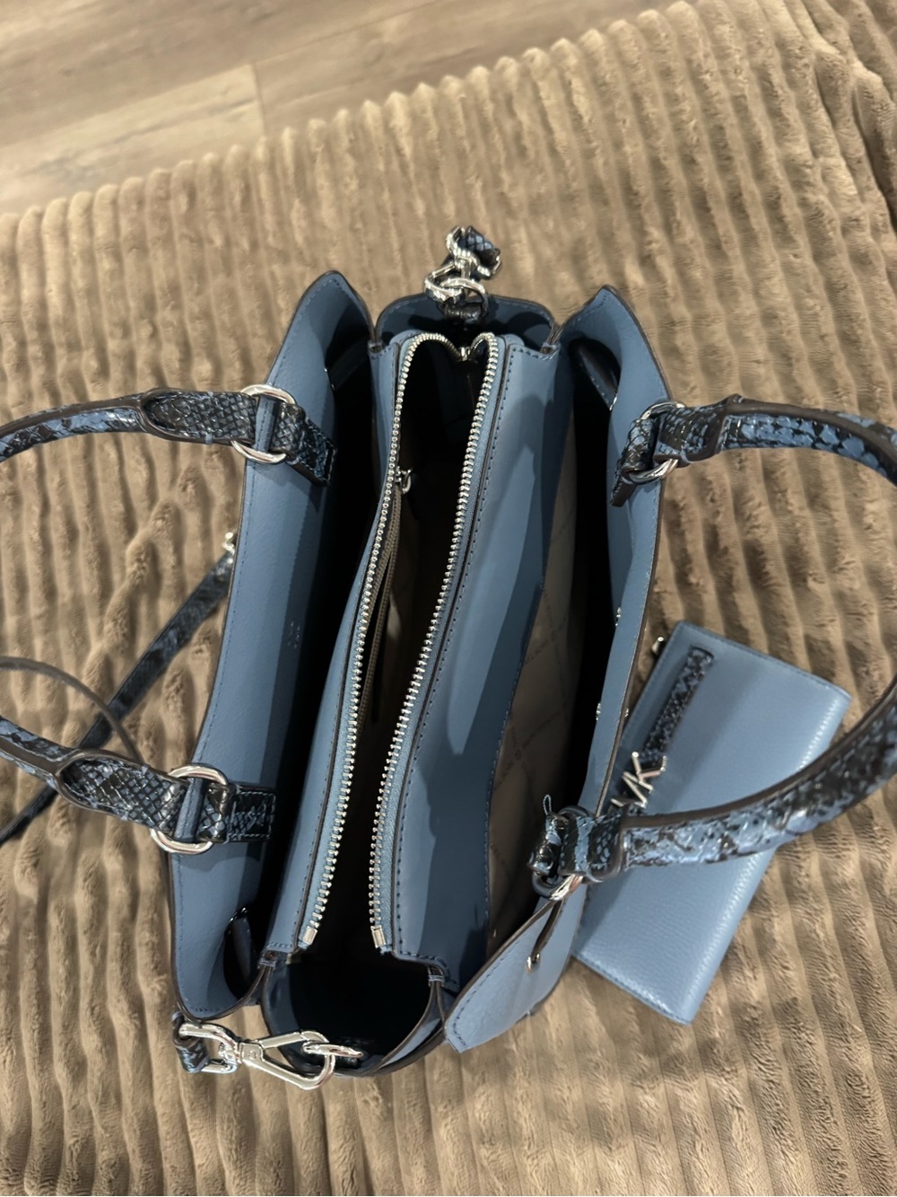 Michael Kors Light Blue Triple-Compartment Satchel with Snake-Texture Handles
